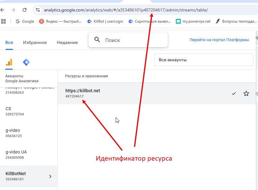 Идентификатор ресурса гугл аналитики для KillBot