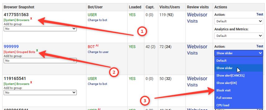 Browser snapshots, bots and actions in KillBot interface