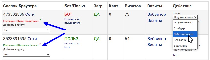 пример слепков браузера и боты в интефейсе килбота + действия на них