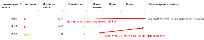 Данные KillBot в параметрах посетителя