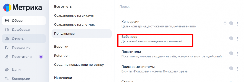 Создание аудитории по мотиву, переход в вебвизор